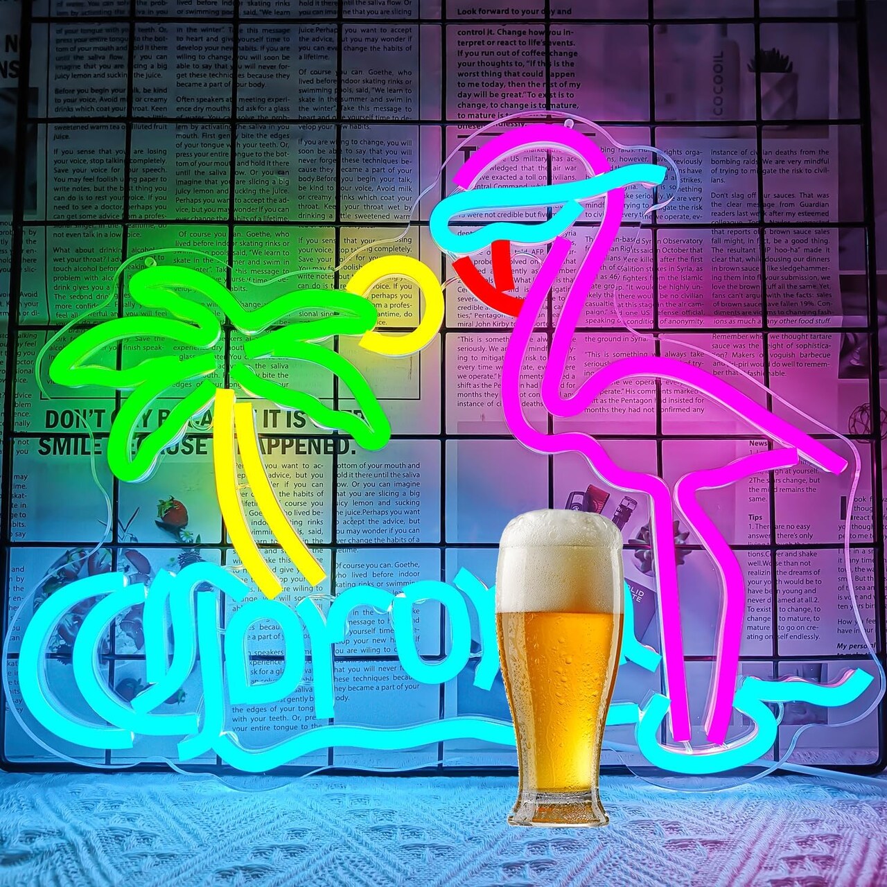Summer Tropical Flamingo & Palm Tree Neon Light – Summer Wall Decor Beer Bar Sign for Home Bars, Man Caves, & Pool Parties – Dimmable LED Sun & Beer Neon Sign